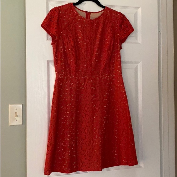 LOFT coral lace cap sleeve dress w/ nude underlay - Picture 2 of 8
